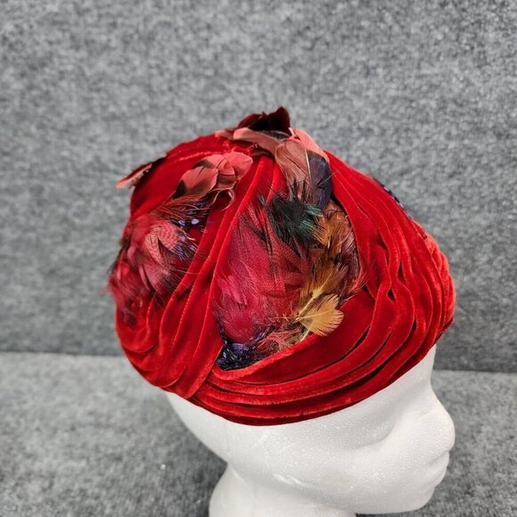 Womens Vintage Red Velvet & Feather Pill Box Tam Hat Netting 1950's Glam - Picture 1 of 14